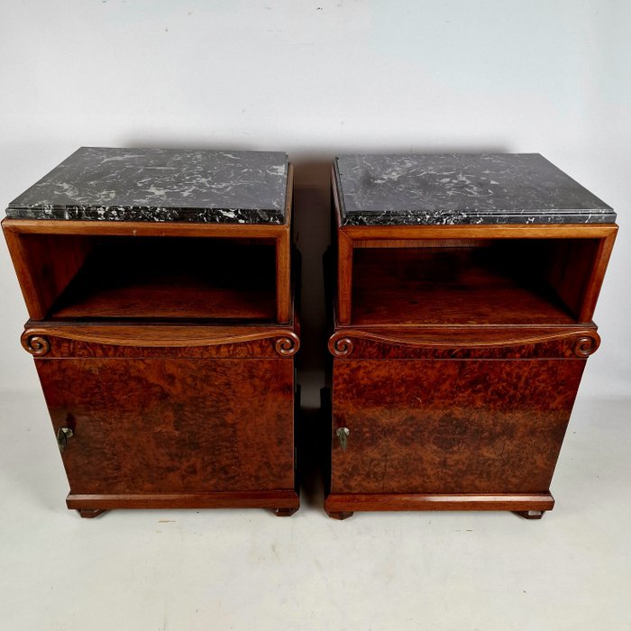 Preview of the first image of Exceptionally unique pair of walnut side cabinets finished with black marble top Approx. 1920 (2).