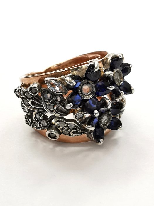 Image 3 of 14 kt. Pink gold, Silver - Ring Sapphire - Diamonds, Topaz