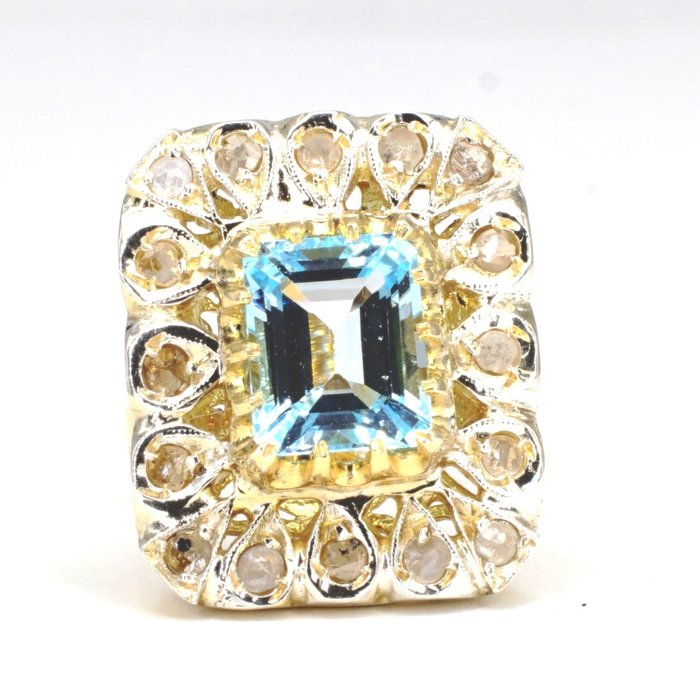 Preview of the first image of 14 kt. Gold, Silver - Ring Aquamarine - Diamonds.
