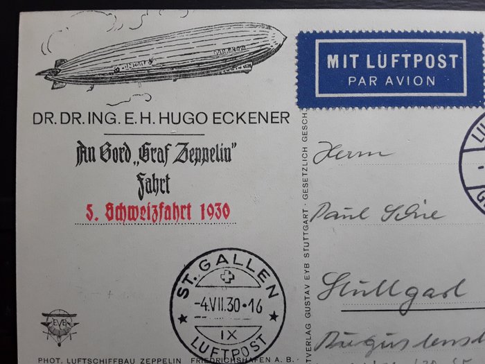 Image 3 of German Empire - Zeppelin Document - Schweizfahrt. Abwurf St. Gallen (1400). 1930