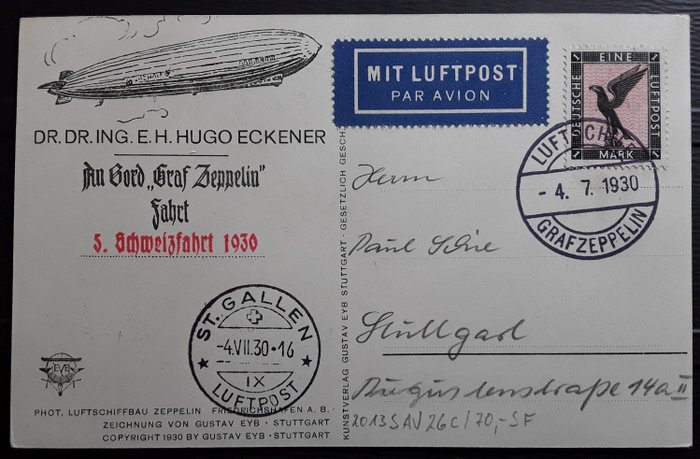 Preview of the first image of German Empire - Zeppelin Document - Schweizfahrt. Abwurf St. Gallen (1400). 1930.
