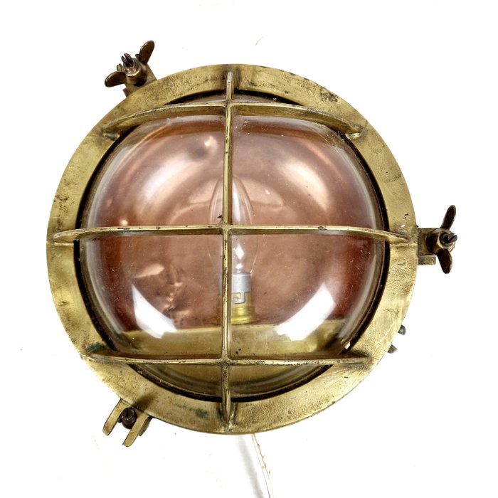 Image 2 of Authentic industrial cage wall lighting Approx. 1900 - Bronze, Copper, Glass - Early 20th century