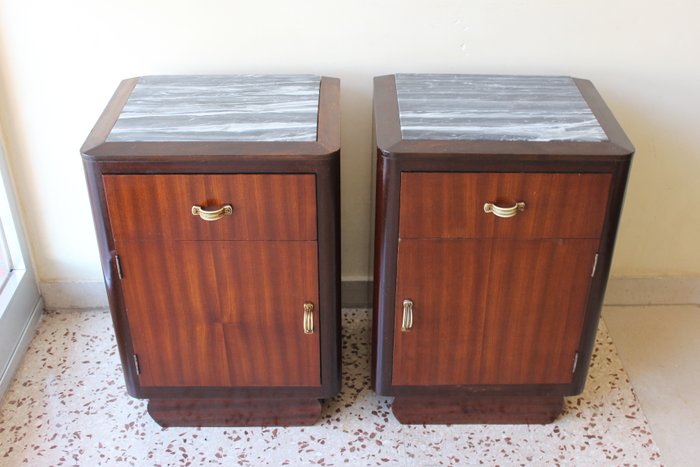 Preview of the first image of Pair of Art Deco bedside tables with Grigio marble top.