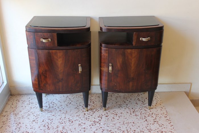 Preview of the first image of Pair of open Art Déco bedside tables with top in Black Opaline.