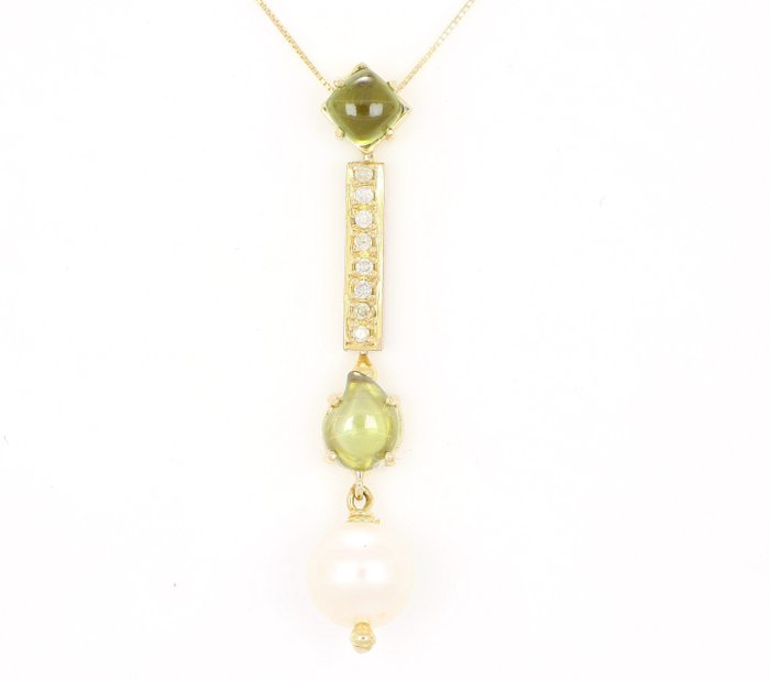 Preview of the first image of '' No Reserve Price '' - 18 kt. Akoya pearl, Yellow gold - Necklace with pendant - 1.60 ct Peridot.