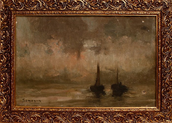 Image 3 of Scuola Impressionista del XIX/XX secolo - Veduta marina con barche ormeggiata al tramonto