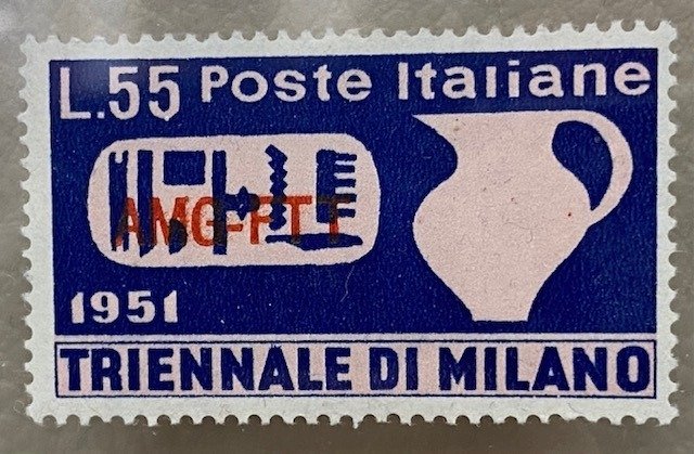 Preview of the first image of Triest - Zone A 1951 - Milan Triennial 55 lire azure and pink, proof overprint on the left AMG-FTT.