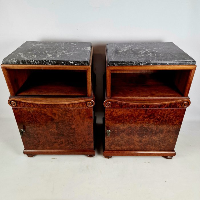 Image 3 of Exceptionally unique pair of walnut side cabinets finished with black marble top Approx. 1920 (2)