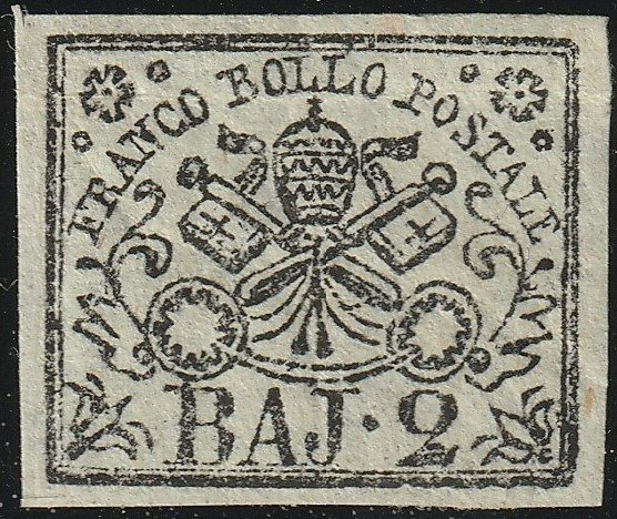 Preview of the first image of Italian Ancient States - Papal State 1864 - 1st issue, 2 b. azure grey, thin paper, with good margi.