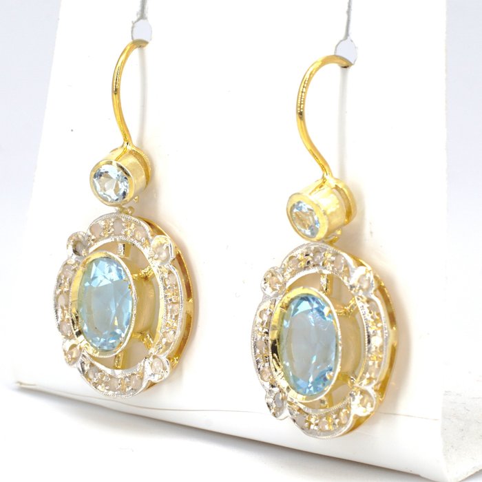 Image 3 of 14 kt. Gold, Silver - Earrings Aquamarine - Diamonds