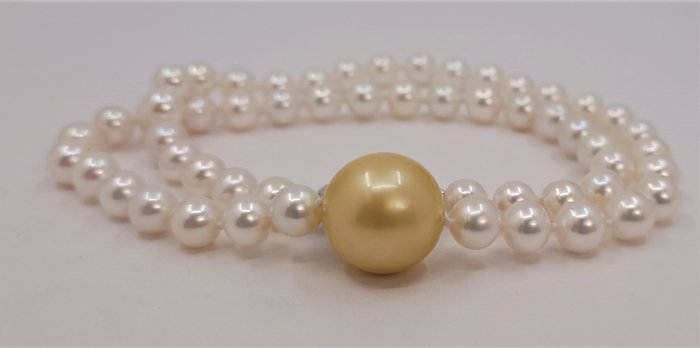Preview of the first image of No Reserve- 6.5x14.8mm Golden and White Akoya Pearls - 925 Silver - Necklace.