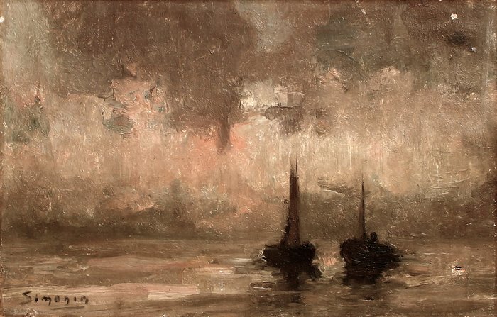 Preview of the first image of Scuola Impressionista del XIX/XX secolo - Veduta marina con barche ormeggiata al tramonto.