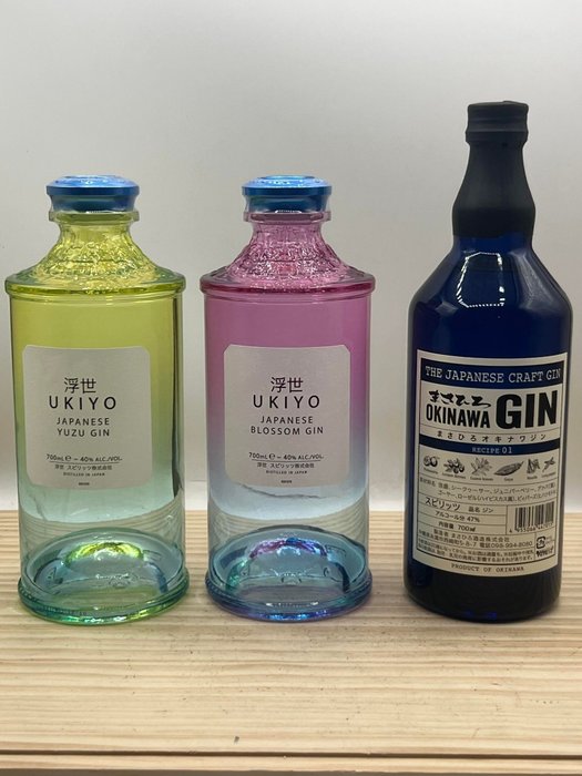 Gin artigianale giapponese - Ukiyo Japanese blossom and Yuzu - Okinawa - 70cl - 3 bottiglie