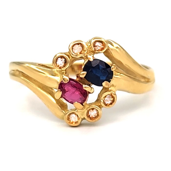 Preview of the first image of 18 kt. Yellow gold - Ring - 0.09 ct Diamonds - Ct 0.15 Ruby - Ct 0.15 Sapphire.