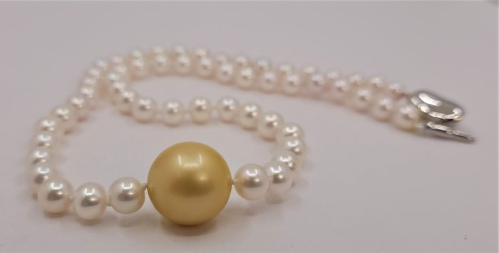 Image 2 of No Reserve- 6.5x14.8mm Golden and White Akoya Pearls - 925 Silver - Necklace