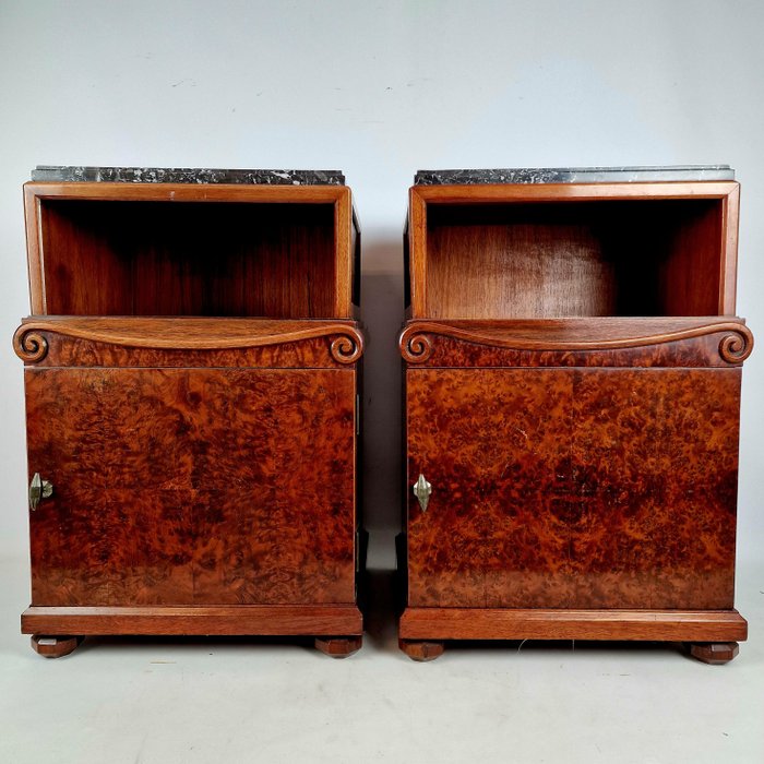 Image 2 of Exceptionally unique pair of walnut side cabinets finished with black marble top Approx. 1920 (2)