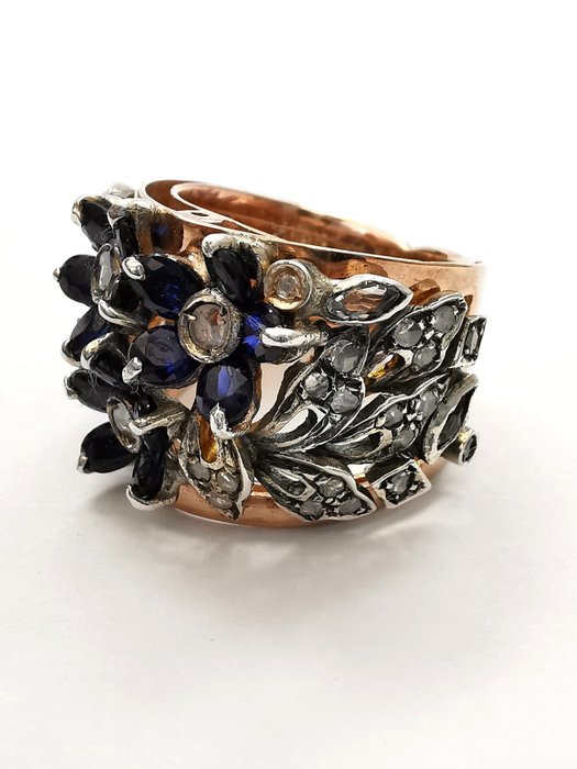 Image 2 of 14 kt. Pink gold, Silver - Ring Sapphire - Diamonds, Topaz