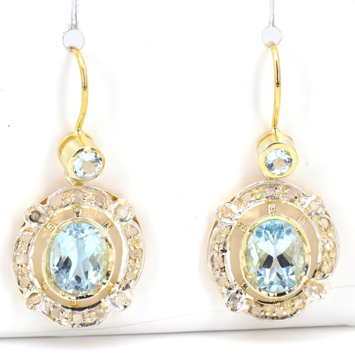Preview of the first image of 14 kt. Gold, Silver - Earrings Aquamarine - Diamonds.