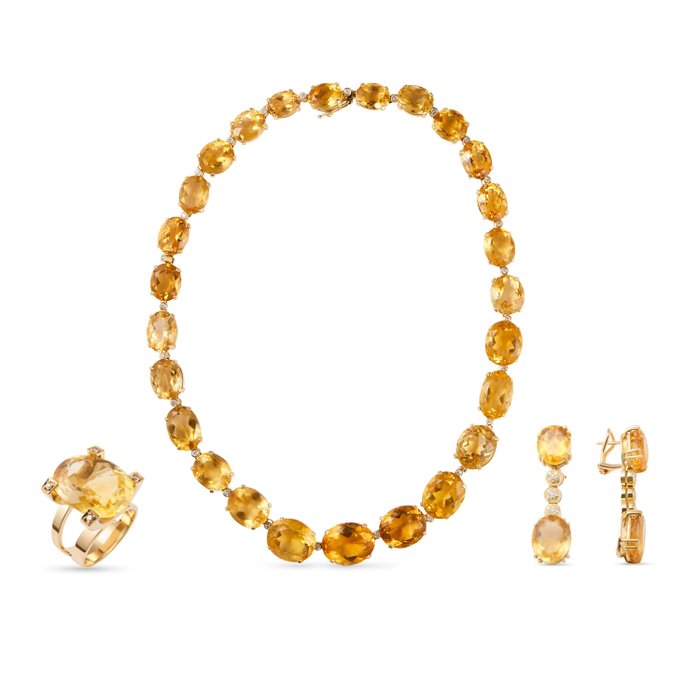 Preview of the first image of Mixed Gold, Yellow gold - Earrings, Necklace, Ring, Set - 218.60 ct Citrine - Diamonds.