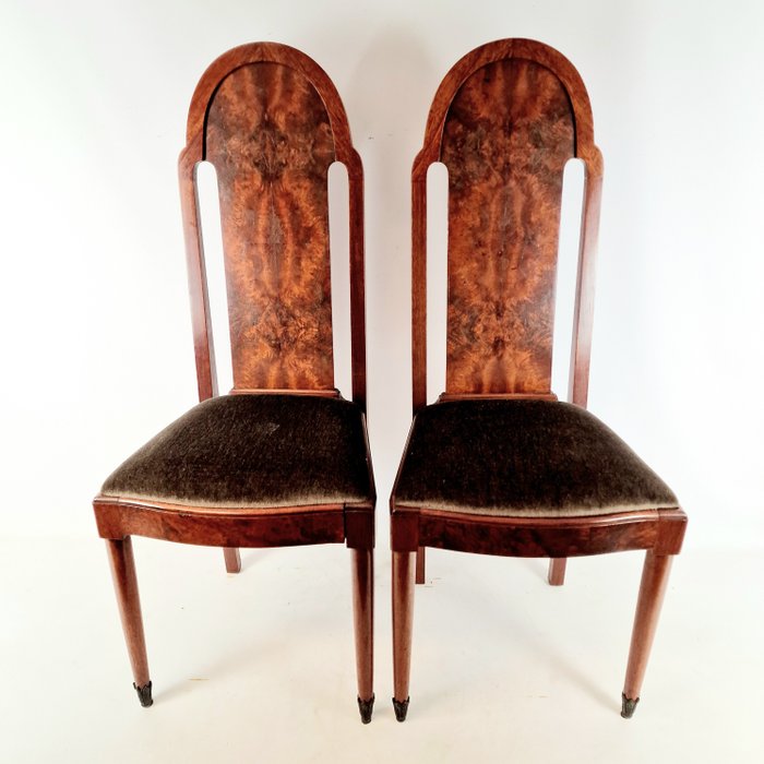 Image 3 of Exceptionally unique pair of walnut veneer chairs with velor seat. Approx. 1920 (2)