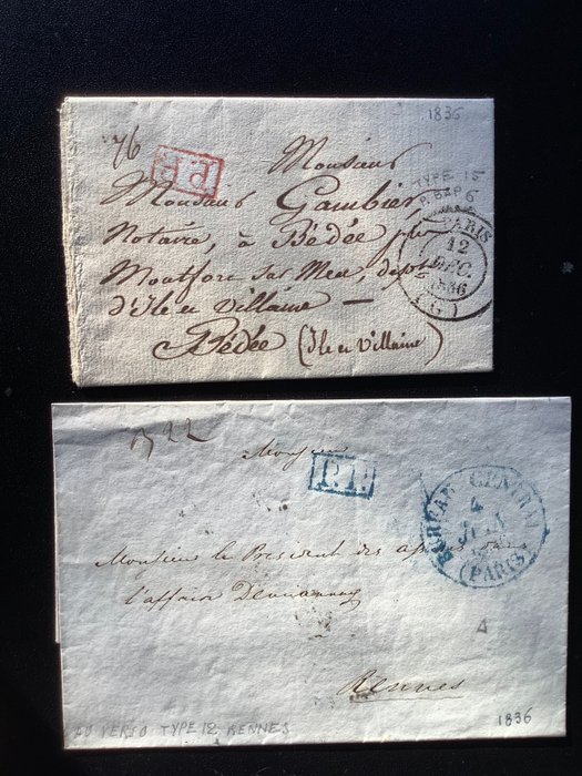Preview of the first image of France 1836 - 2 letters PARIS postmarks and P.P. , VVF.