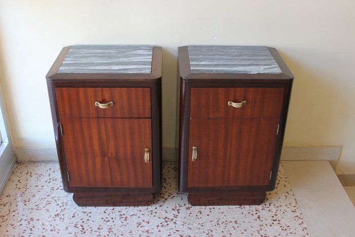Image 3 of Pair of Art Deco bedside tables with Grigio marble top