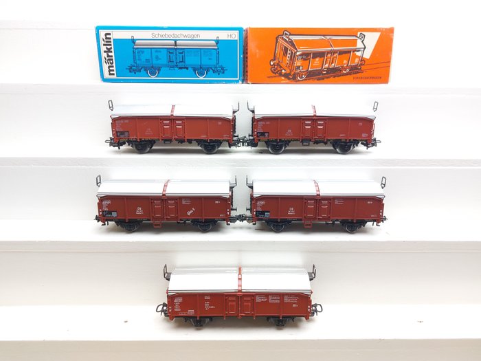 Preview of the first image of Märklin H0 - 4619 - Freight carriage - 5x sliding roof wagons Kmmks - DB.