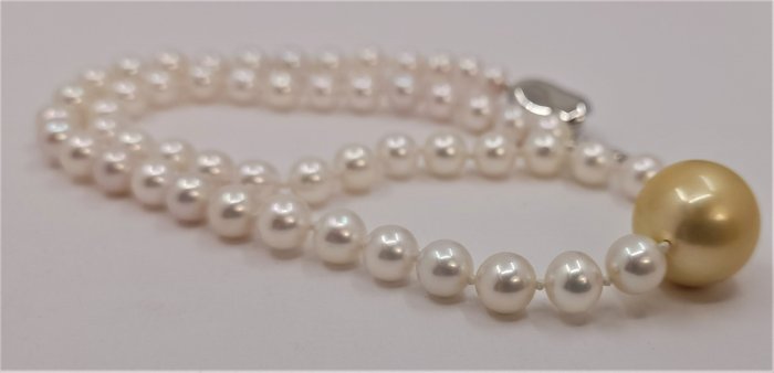Image 3 of No Reserve- 6.5x14.8mm Golden and White Akoya Pearls - 925 Silver - Necklace