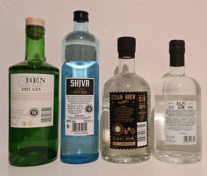 Ben Bracken Gin, Shjva Gin, Steam Brew Gin and Alpi Gin - 70cl - 4 bottles  - Catawiki