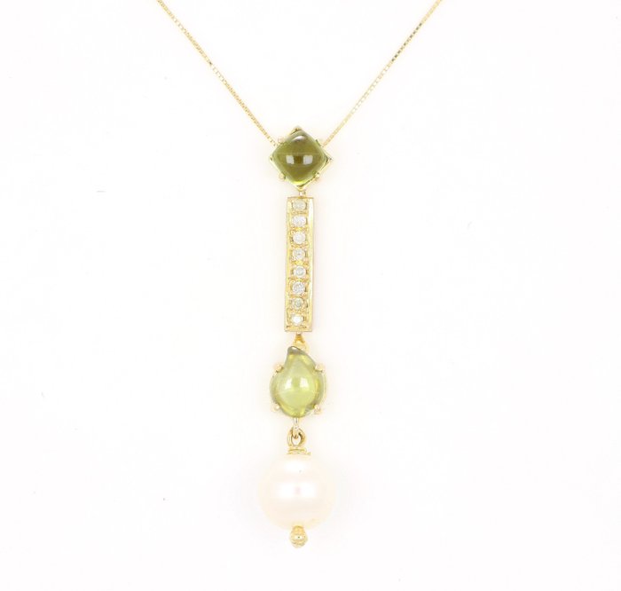 Image 2 of '' No Reserve Price '' - 18 kt. Akoya pearl, Yellow gold - Necklace with pendant - 1.60 ct Peridot