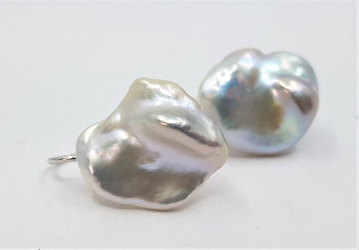 Image 3 of no reserve- 16x19mm Baroque Edison Pearls - 14 kt. White gold - Earrings