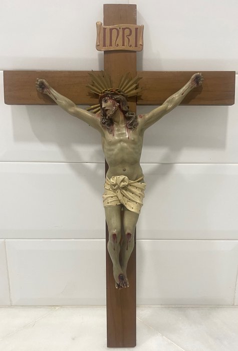 Image 2 of Crucifix, Olot (56 cm.) - Brass, Wood, wood pulp - Early 20th century
