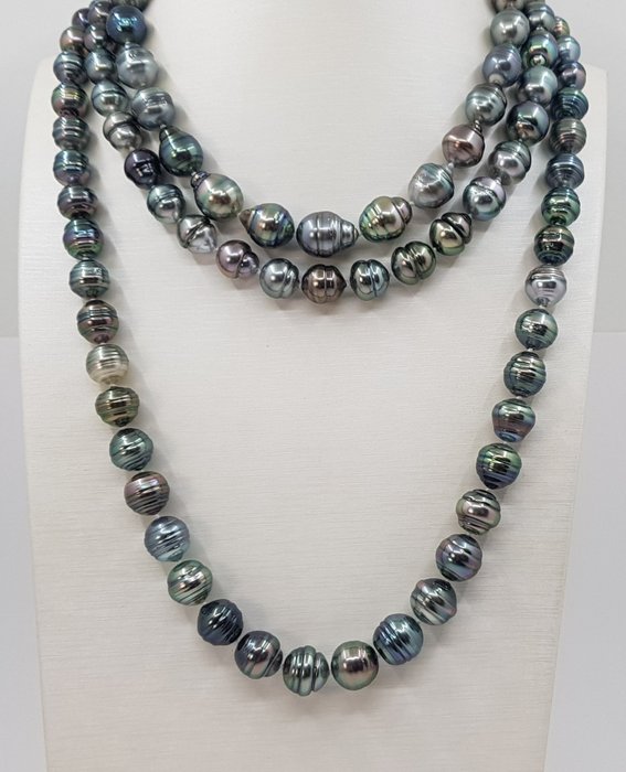 Preview of the first image of Triple Row Bright 8.3x12mm Multi - 925 Silver, Tahitian pearls - Necklace.