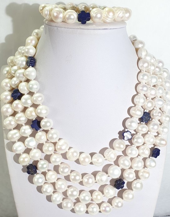 Preview of the first image of Beautiful freshwater pearls and lapis lazuli Greek crosses - necklace & bracelet (2) - 925 silver b.