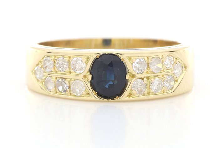Preview of the first image of " No Reserve Price " - 18 kt. Yellow gold - Ring - 1.00 ct Sapphire - Diamonds.