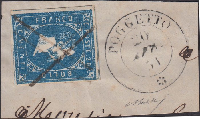 Preview of the first image of Italian Ancient States - Sardinia 1851 - 1st issue, 20 light azure with pen cancellation of POGGETT.
