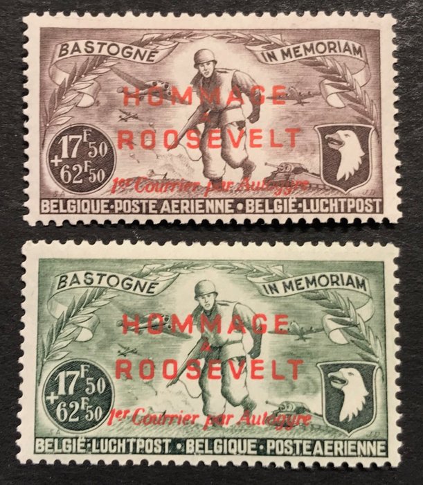 Preview of the first image of Belgium 1950 - Inauguration "Way of Freedom" - overprint "Hommage à Roosevelt - 1er Courrier par Au.