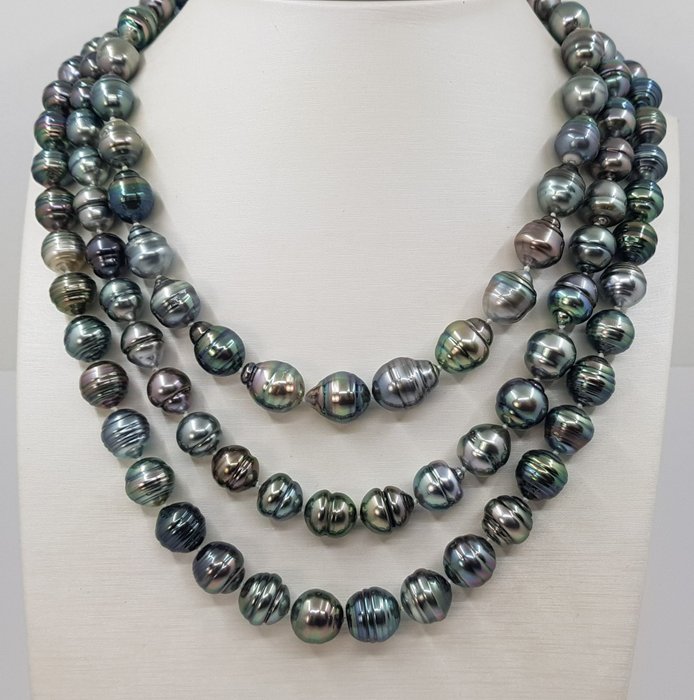 Image 2 of Triple Row Bright 8.3x12mm Multi - 925 Silver, Tahitian pearls - Necklace