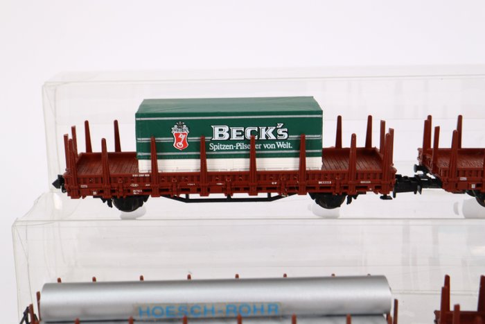 Image 2 of Minitrix, Roco N - Freight carriage - Six stake wagons with cargo - DB