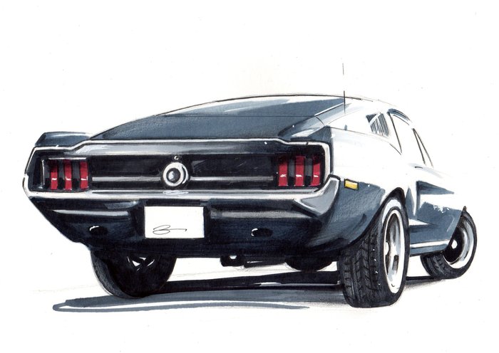 Image 2 of Picture/artwork - Ford Mustang Bullitt - Dessin original - Baes gerald - Certificat d'authenticité