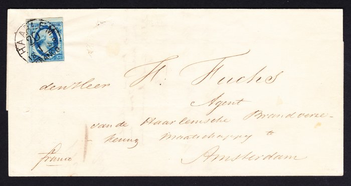 Preview of the first image of Netherlands 1858 - Postal item from Haarlem to Amsterdam - NVPH 1.