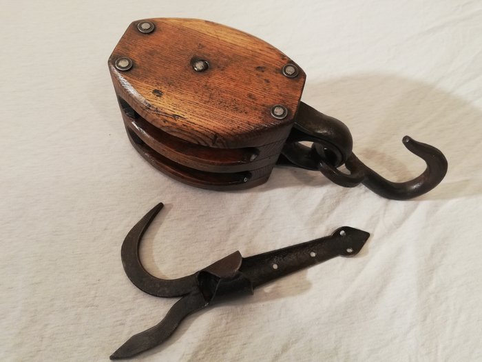 Image 3 of Antique Ships pulley twin roller block and forged iron Boathook (2) - Forged iron Ash wood Pock woo