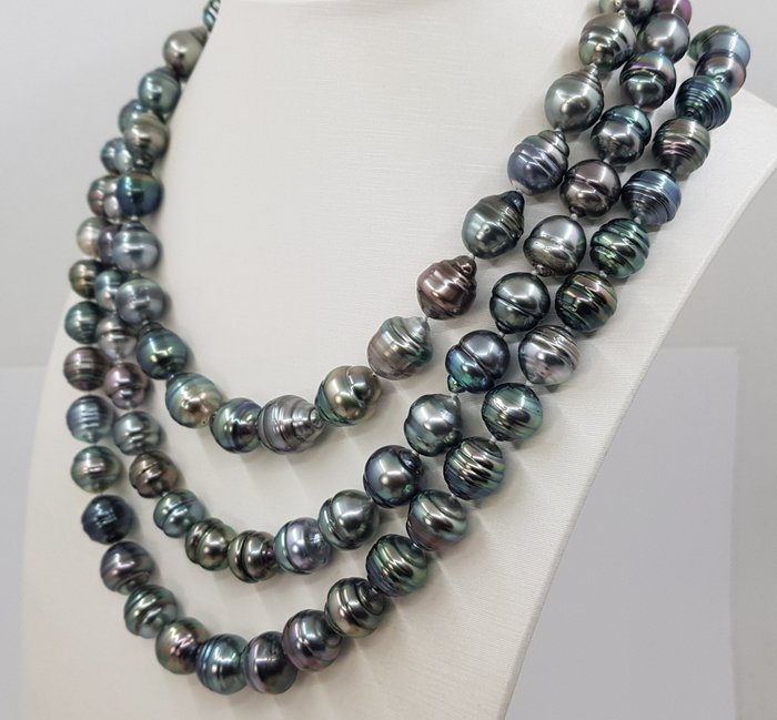 Image 3 of Triple Row Bright 8.3x12mm Multi - 925 Silver, Tahitian pearls - Necklace