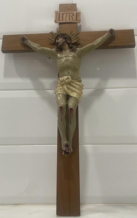 Crucifix, Olot (56 cm.) - Hout, Messing, houtpulp - Begin 20e eeuw
