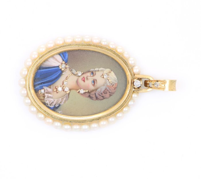 Image 3 of Vintage - No Reserve Price - 18 kt. Natural pearls, Yellow gold - Pendant - 0.16 ct Diamond - Diamo