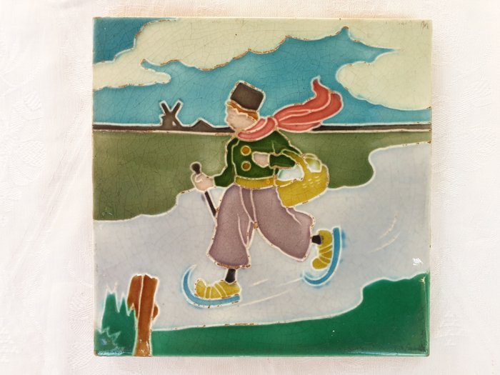 Preview of the first image of R.N. Richards - Jugenstil Art Nouveau tile with a boy skating (15.3 x 15.3 cm).