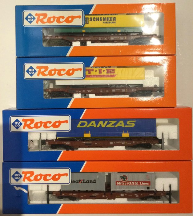 Image 2 of Roco H0 - 46378/46373/46362/46356 - Freight carriage - 1 container and 3 trailer waggons - DB