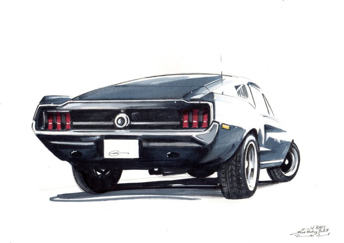 Preview of the first image of Picture/artwork - Ford Mustang Bullitt - Dessin original - Baes gerald - Certificat d'authenticité.