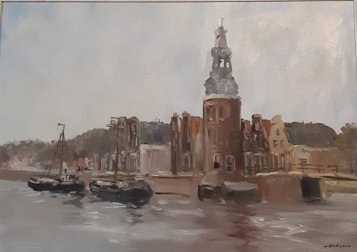 Image 3 of Jan Kelderman (1914-1990) - Montelbaanstoren Amsterdam met boten