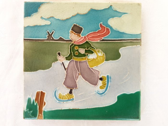 Image 2 of R.N. Richards - Jugenstil Art Nouveau tile with a boy skating (15.3 x 15.3 cm)